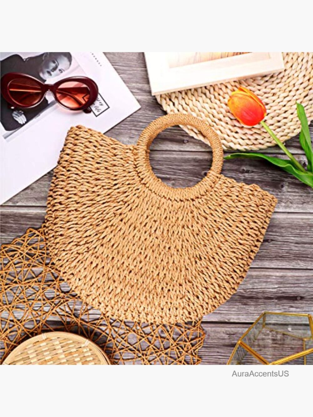Woven Straw Tote Bag with Drawstring Large Capacity Handmade Summer Beach Bag - Picture 6 of 7